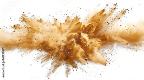 The yellow dry earth explodes on a white background, and the white background dust band explodes