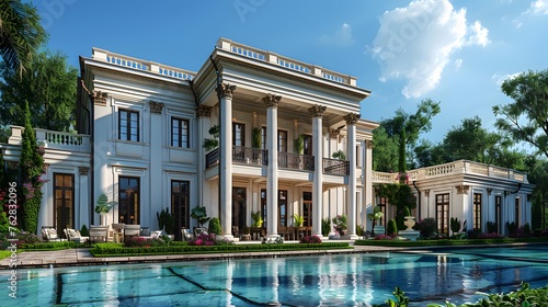 white Neoclassical-style house exterior  with grand columns  stately facade  and meticulous landscaping  all portrayed in ultra-realistic 16k detail.