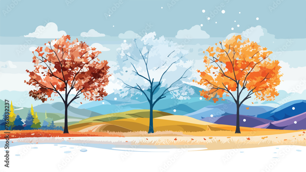 Four seasons landscape. Illustration with trees 