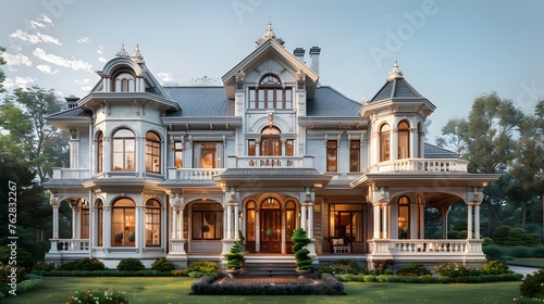 white Victorian-style house exterior, with ornate trim, bay windows, and a grand wraparound porch, evoking timeless beauty in ultra-realistic 16k detail.