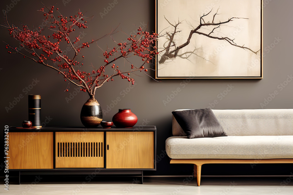 Naklejka premium Japanese interior design of modern living room, home. Mid-century sofa near wooden cabinet against dark wall with poster, frame.