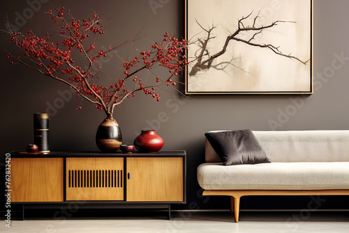 Japanese interior design of modern living room, home. Mid-century sofa near wooden cabinet against dark wall with poster, frame. © Vadim Andrushchenko