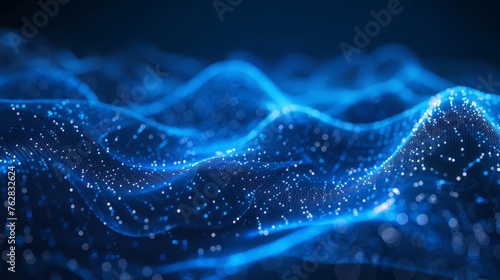 Abstract blue background with interweaving of colored dots and lines, Wave of dots and weave lines. Abstract background. Network connection structure.