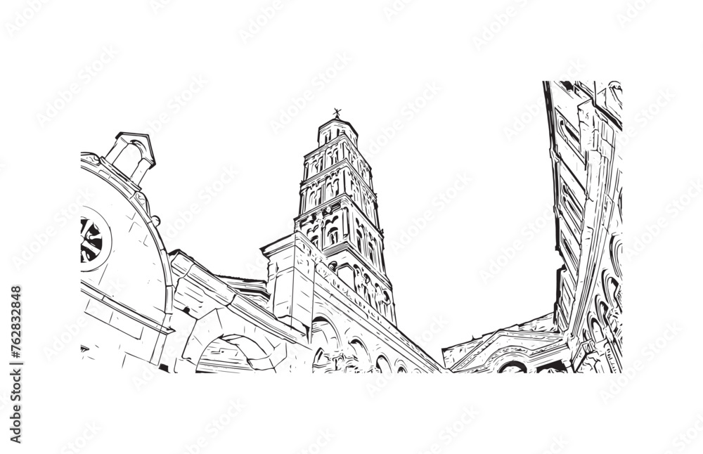 Print Building view with landmark of Split is the largest city in Croatia. Hand drawn sketch illustration in vector.