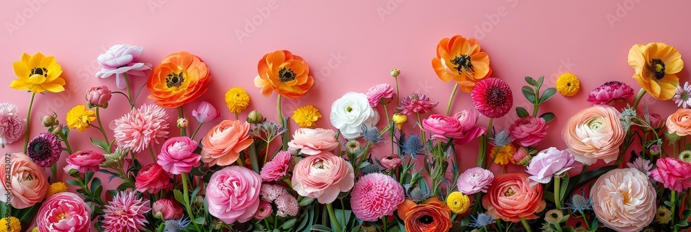 A cluster of vibrant flowers arranged against a pastel pink wall, creating a striking contrast of color and texture