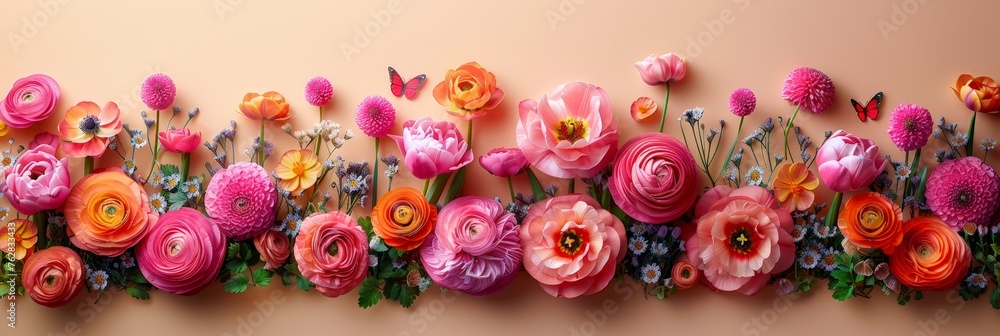 A vibrant group of flowers gracefully adorns a wall, adding color and beauty to the environment, banner A vibrant group of flowers gracefully adorns a wall, adding color and beauty to the environment, banner