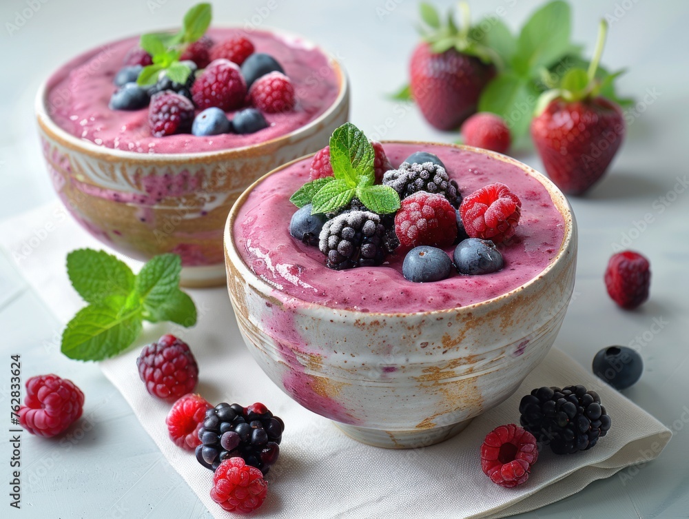 A pink smoothie topped with berries and mint leaves in a bowl. A pink smoothie topped with berries and mint leaves in a bowl.