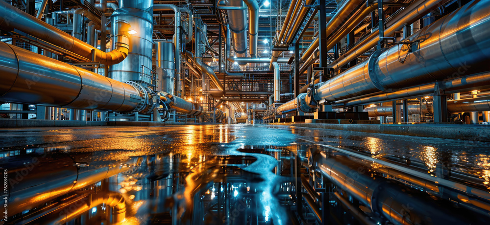 A photo of an industrial plant interior with large pipes and machinery, representing the energy production industry