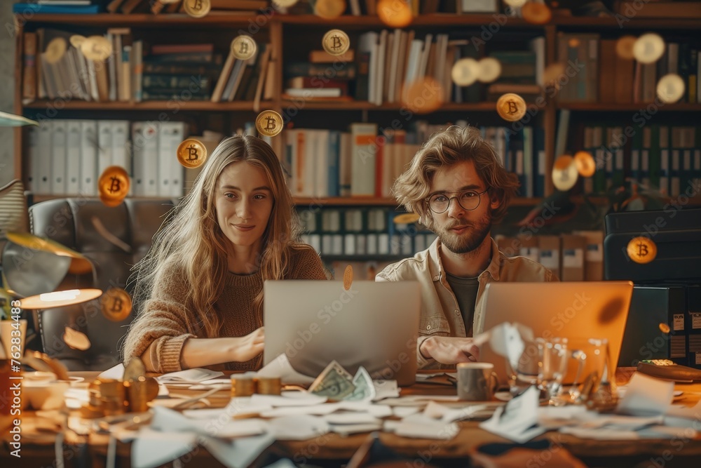 Dedicated Young Entrepreneurs in a Home Office with Falling Money and Bitcoins. A man and a woman are seated at a table, engrossed in the screen of a laptop in front of them. Dedicated Young Entrepreneurs in a Home Office with Falling Money and Bitcoins. A man and a woman are seated at a table, engrossed in the screen of a laptop in front of them.