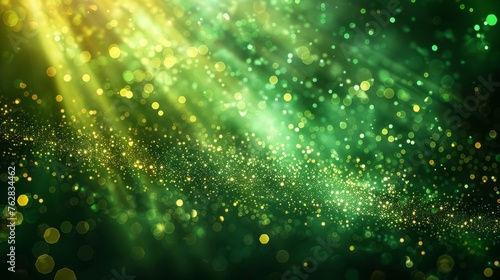 Asymmetrical bursts of green light  dark green background with abstract beautiful light  green and yellow colors  gold green sparkling background with reproduction space.