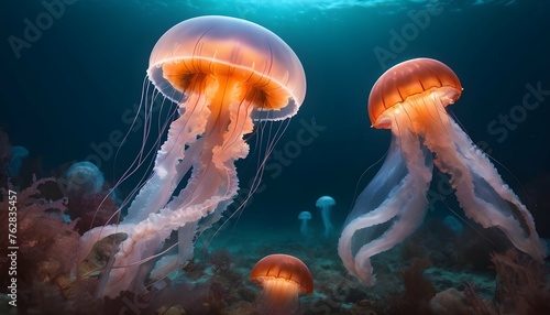 A Jellyfish In A Sea Of Glowing Sea Organisms Upscaled 6 © Yumna