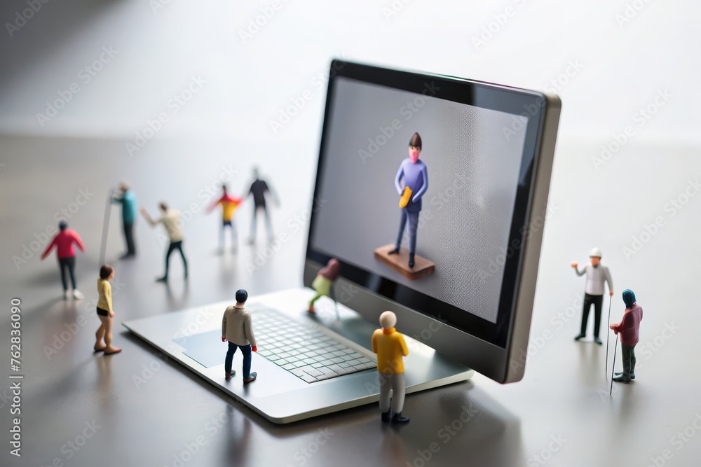 Miniature people. White background. Designer creating digital art on a giant computer screen. Miniature people. White background. Designer creating digital art on a giant computer screen.