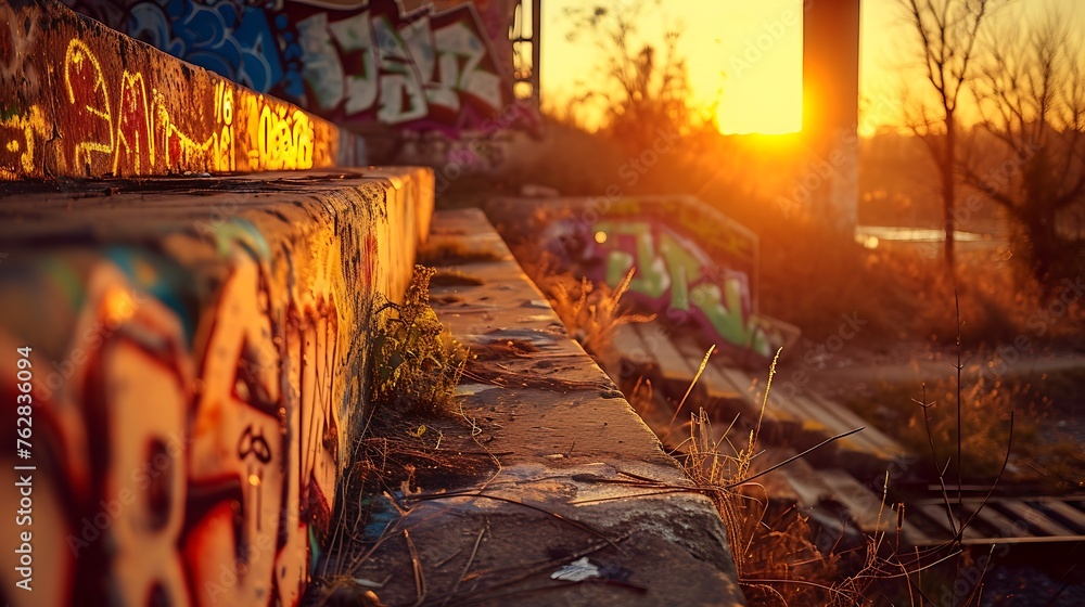 Obraz premium Graffitied urban staircase in the middle of the sunset