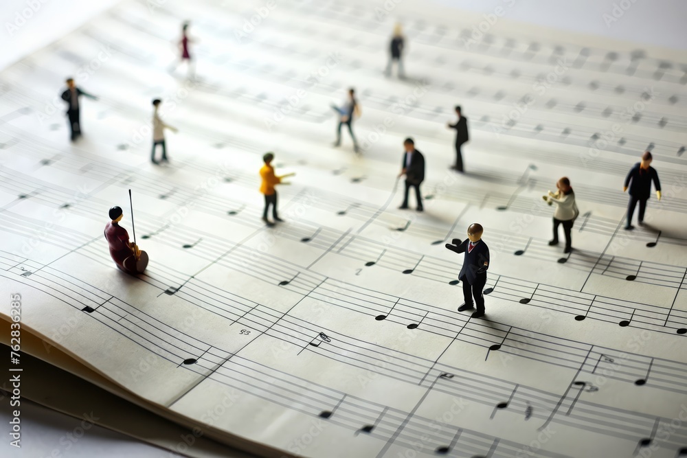 Miniature people. White background. Musician composing music on a giant musical score. Miniature people. White background. Musician composing music on a giant musical score.