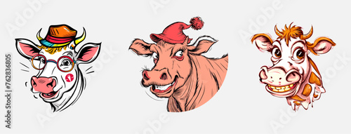Playful Cow Head Illustration set for T-shirt Design. Generative AI.