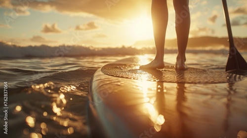 Bare feet of a woman on a surfboard, sunset fills the water with warm light