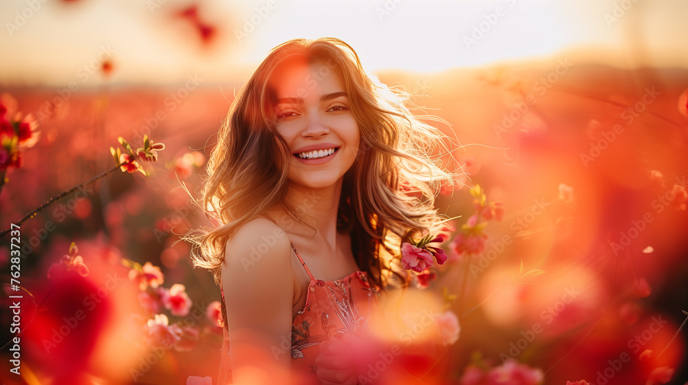 Blissful Serenity - Smiling Woman in Flower Field at Sunset Blissful Serenity - Smiling Woman in Flower Field at Sunset