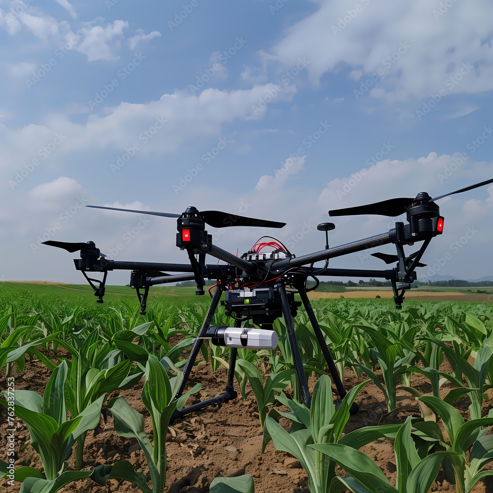 Advanced drone hovering over young corn plants Advanced drone hovering over young corn plants