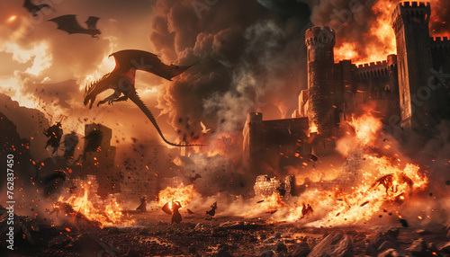 Many wyverns burning down a castle and its population as it's going up in smoke, fire and ash photo