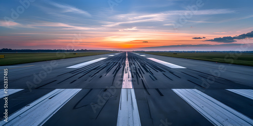 Dark and dramatic sky on a runway , The sunset with the airport runway in the distance  ,airport runway with distinct painted lines and sunset in the background   photo