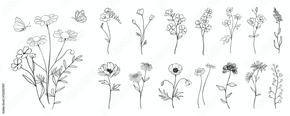 Set of flower hand drawn element vector. Collection of foliage, branch, floral, leaves, wildflower, petal, flower bouquet, butterfly. Spring blossom illustration design for logo, wedding, invitation. - obrazy, fototapety, plakaty 