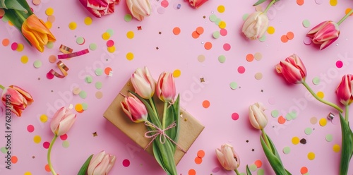 Colorful tulips with a gift box and confetti on a pink #762837898