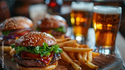Gourmet mini burgers with fries and beer for a casual dining experience