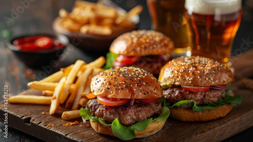 Delicious mini burgers with fries and beer for a relaxed gathering