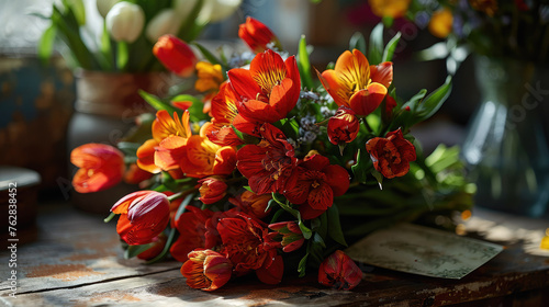 A beautiful bouquet of red and yellow flowers on a wooden table