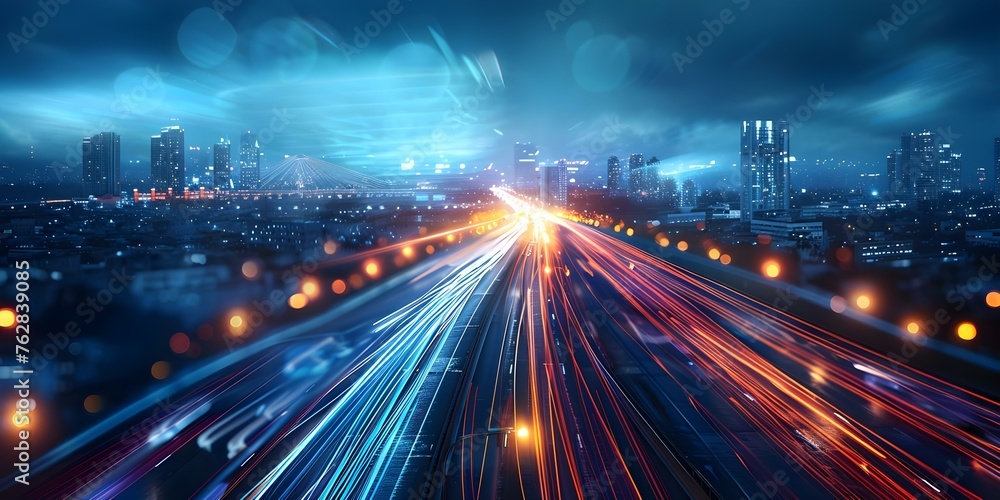 Blurry cityscape with streaks of light on a highspeed digital highway. Concept Urban landscapes, Light trails, High-speed highways, Blurry cityscape, Digital photography
