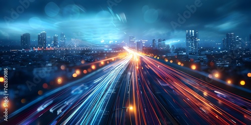 Blurry cityscape with streaks of light on a highspeed digital highway. Concept Urban landscapes, Light trails, High-speed highways, Blurry cityscape, Digital photography © Ян Заболотний