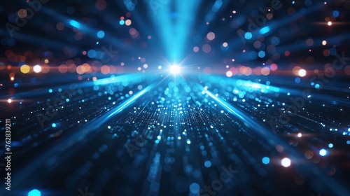 an abstract image of blue lights and an area of space, in the style of glittery and shiny, dotted, spectacular backdrops, sunrays shine upon it, virtual and augmented reality
