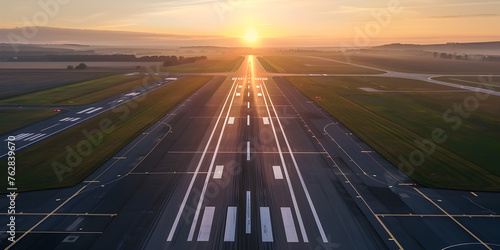  Empty airport runaway with braking and maneuvering marks, designation  and all navigation lights on at the colorful sunset, clear for airplane landing or taking off in Wroclaw airport background  