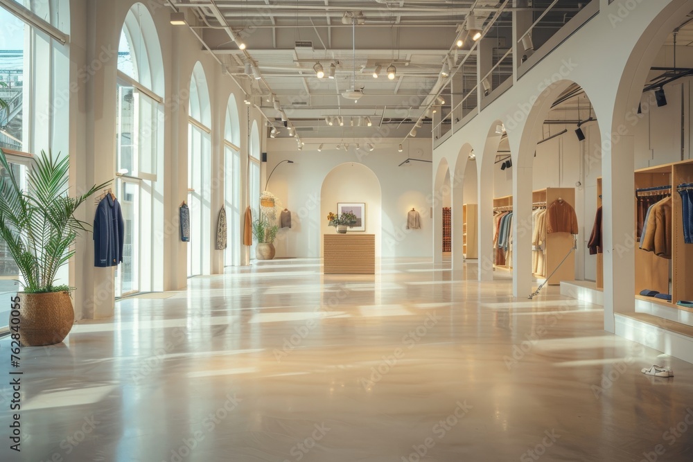 Elegant minimalist fashion showroom with a spacious and bright interior