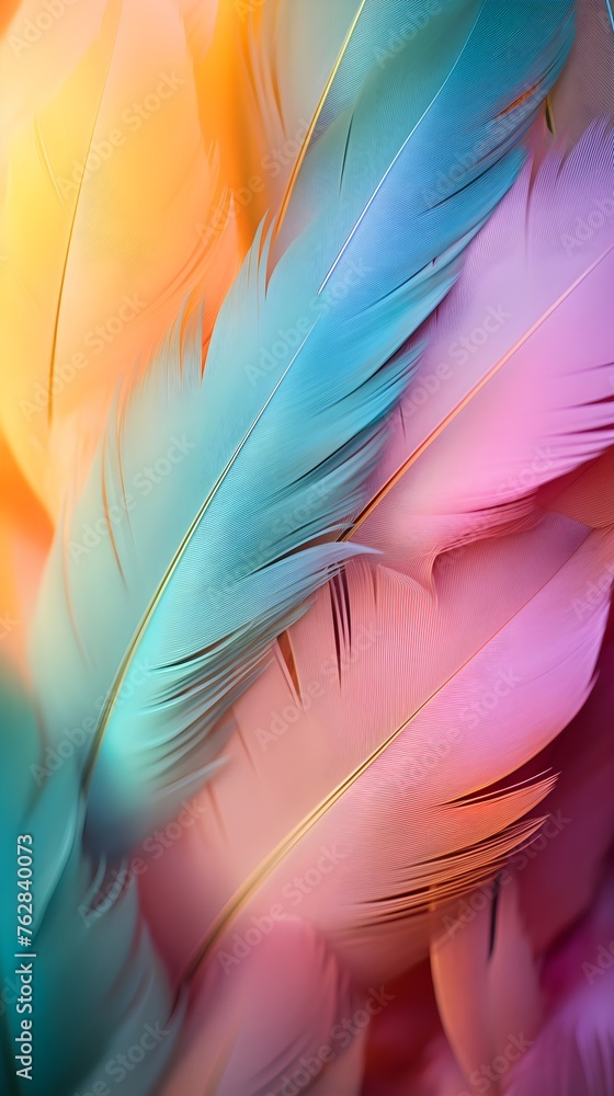 Fototapeta premium bird feathers, multi-colored, background, pastel tone, blue and pink, omputer wallpaper, phone wallpaper