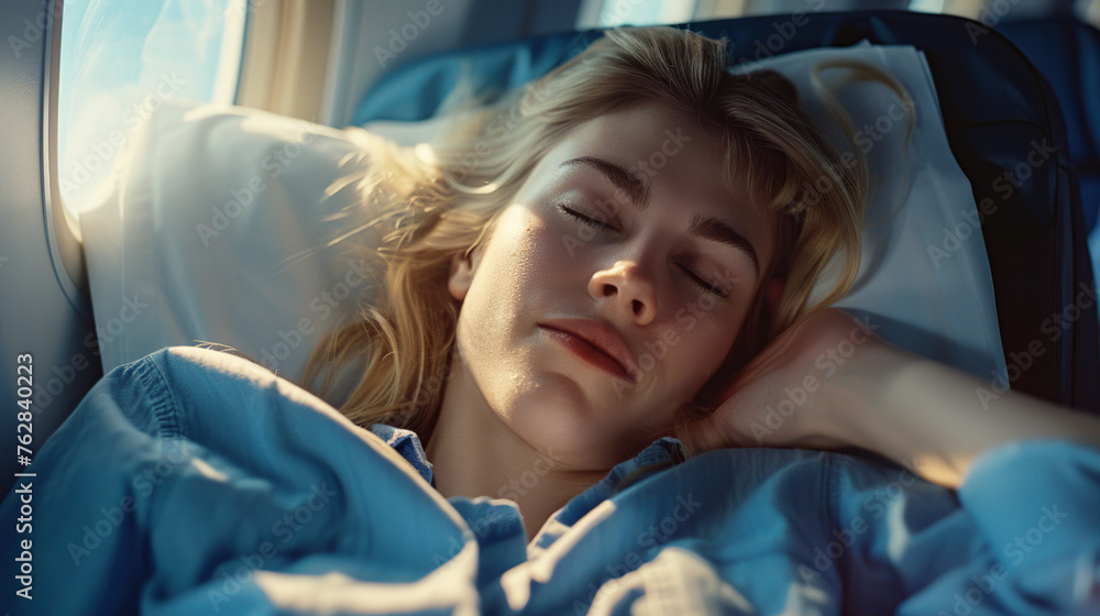 Beautiful blond woman sitting sleeping in airplane business class seat Beautiful blond woman sitting sleeping in airplane business class seat