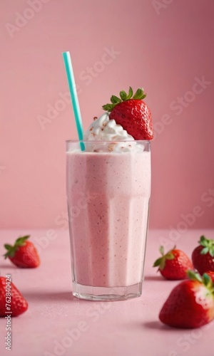 strawberry milkshake with strawberry fruit in a glass