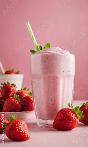 strawberry milkshake with strawberry fruit in a glass