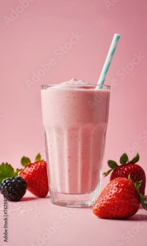 strawberry milkshake with strawberry fruit in a glass