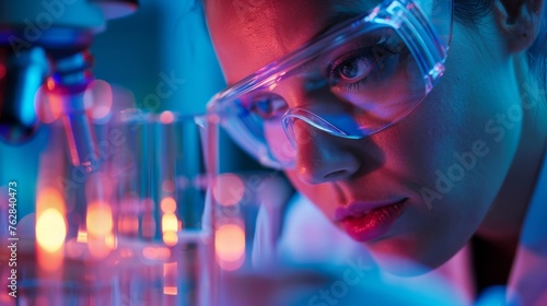 A woman wearing safety goggles is looking at a microscope