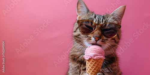 close up of a cat, Funny animal pet summer holiday vacation photography banner - Closeup of cat with sunglasses, eating ice cream in cone, isolated on apricote background  photo
