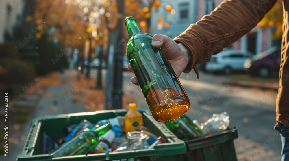 MAN throwing a bottle into the trash in a daytime park in high ...