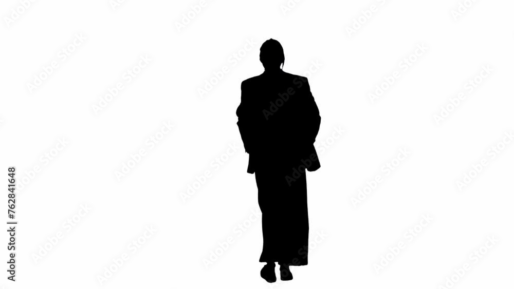 Business woman in formal outfit walking and dancing. Front view. Black silhouette on a white isolated background. Business woman in formal outfit walking and dancing. Front view. Black silhouette on a white isolated background.