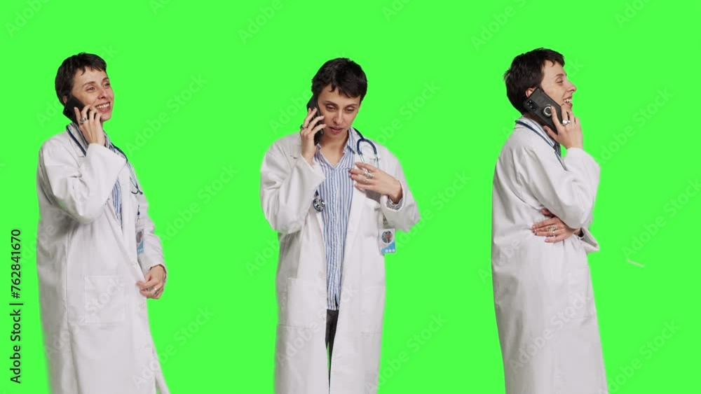 Woman doctor talking on smartphone call against greenscreen backdrop, answering phone line to make an exam appointment for a patient. Physician uses mobile phone to chat with people. Camera B. Woman doctor talking on smartphone call against greenscreen backdrop, answering phone line to make an exam appointment for a patient. Physician uses mobile phone to chat with people. Camera B.