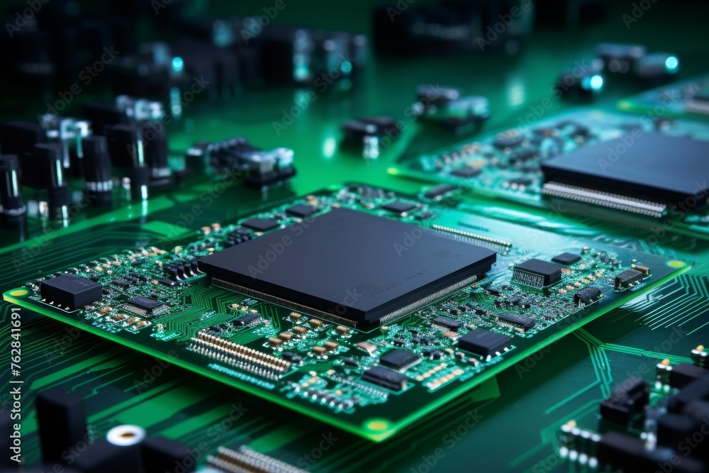 Close-up of computer chip on electronic printed circuit board, technology and hardware concept Close-up of computer chip on electronic printed circuit board, technology and hardware concept