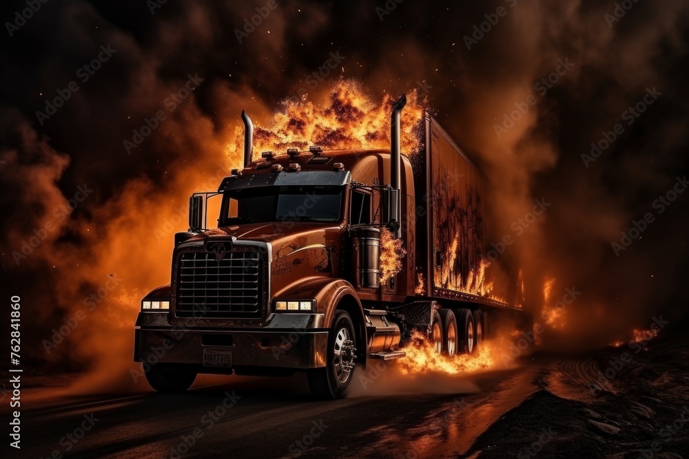 Dramatic explosion of a freight fuel truck engulfed in flames and billowing smoke - obrazy, fototapety, plakaty 