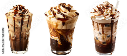 Set ice mocha coffee with Whipped Cream of chocolate syrup isolated on transparent background.