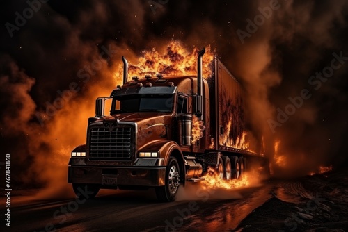 Dramatic explosion of a freight fuel truck engulfed in flames and billowing smoke