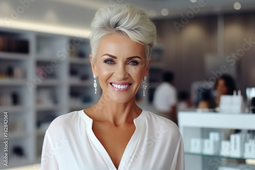 Elegant mature lady choosing and trying on high-end earrings at luxury jewelry store
