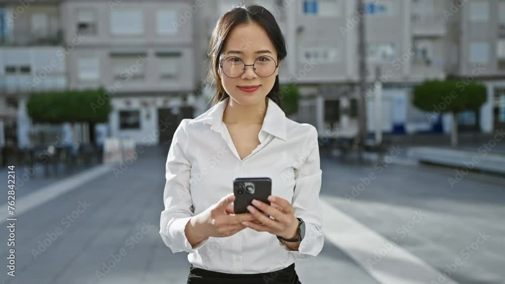 A smiling asian woman in glasses holding a phone stands on a sunny city street. A smiling asian woman in glasses holding a phone stands on a sunny city street.